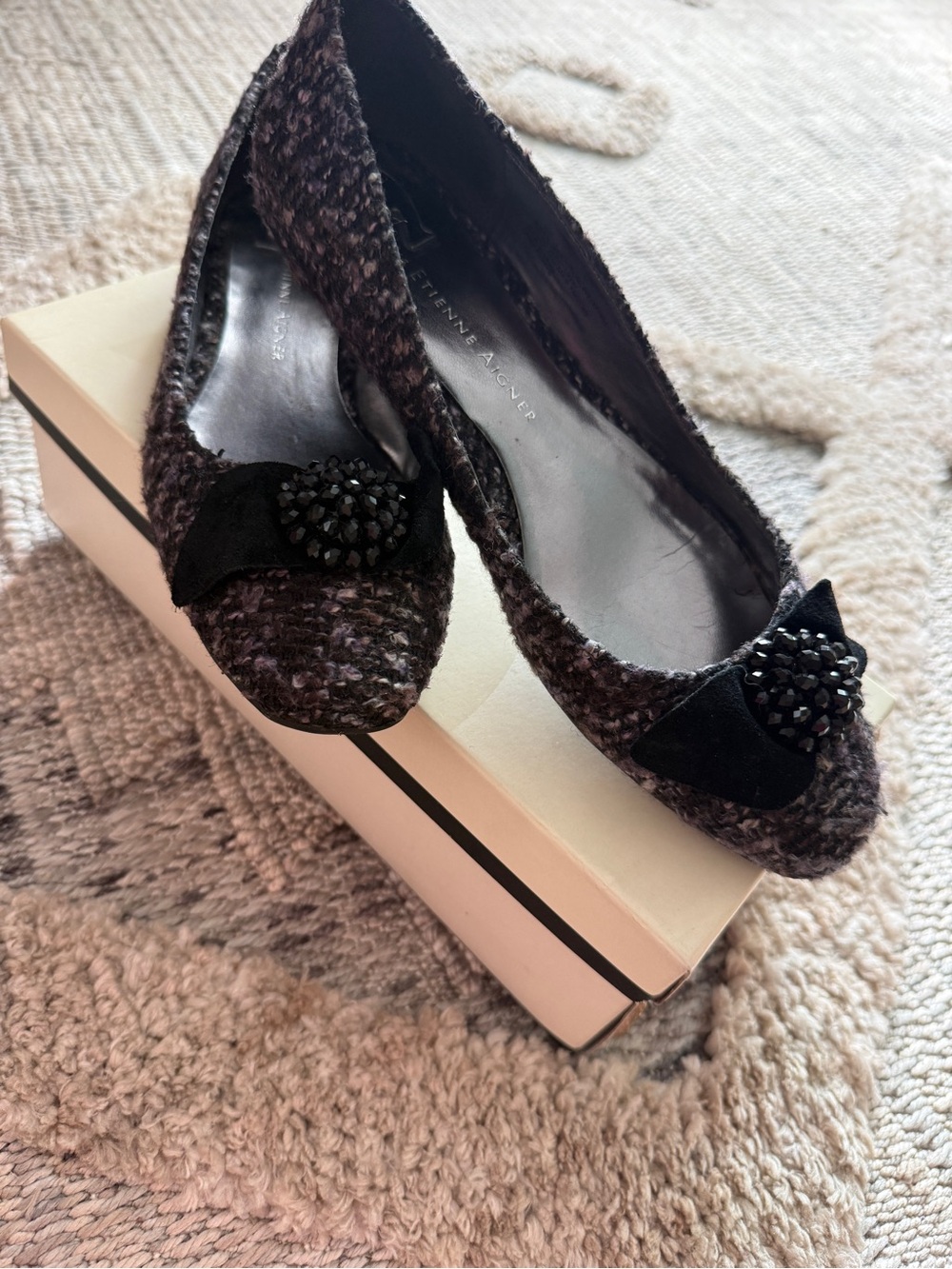 Etienne Aigner Black Tweed Ballet Flats with Beaded Bow